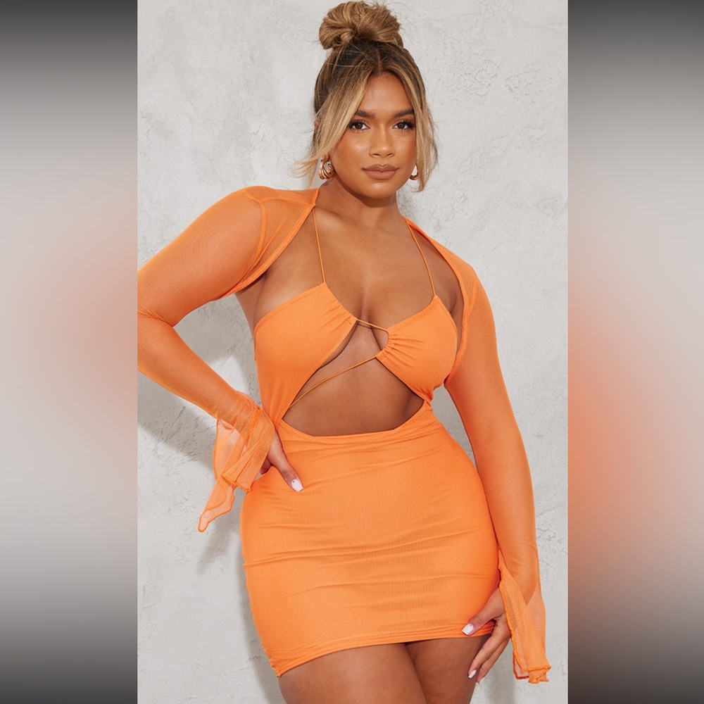 Pretty LittleThing orange mesh material with laceup detail and an overlay design
